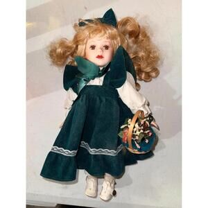 Porcelain Doll Green Velvet Dress Basket Blonde Hair